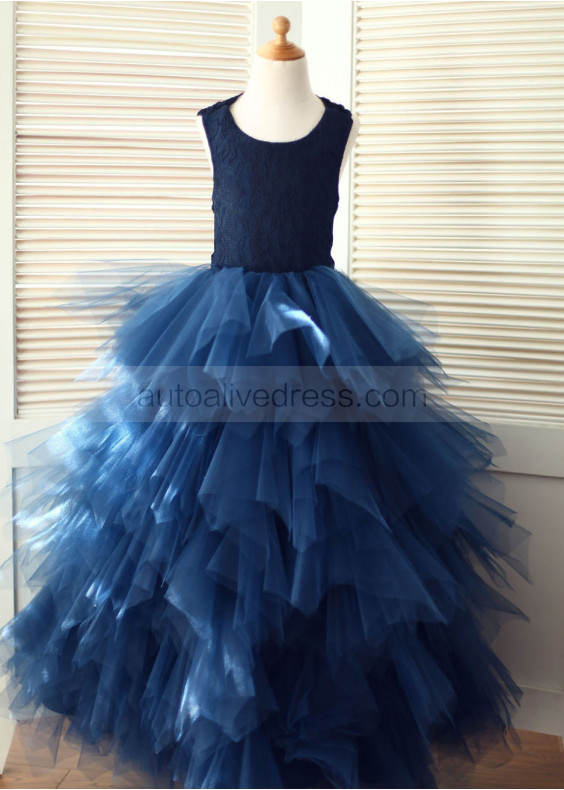 Navy Blue Lace Tulle Cross Back Floor Length Ruffle Skirt Flower Girl Dress